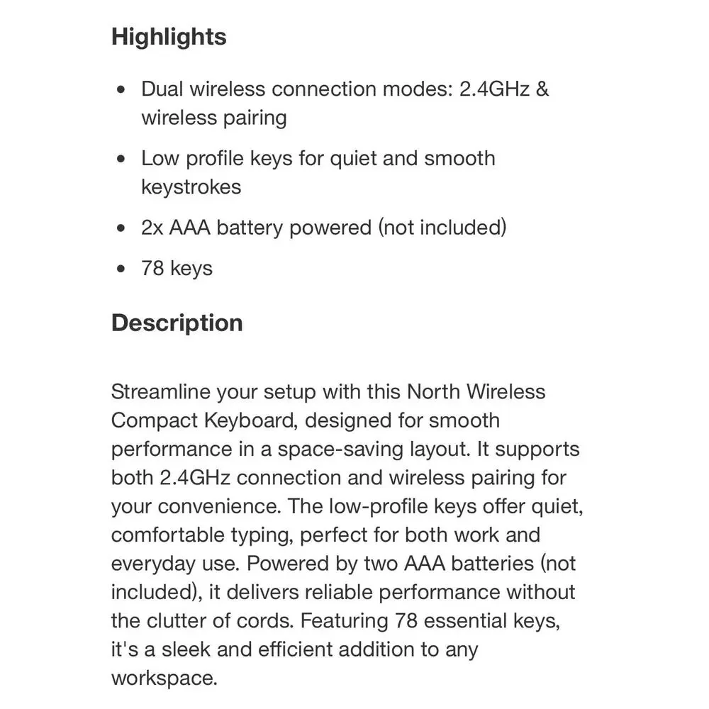 North Compact Wireless Keyboard New in Box